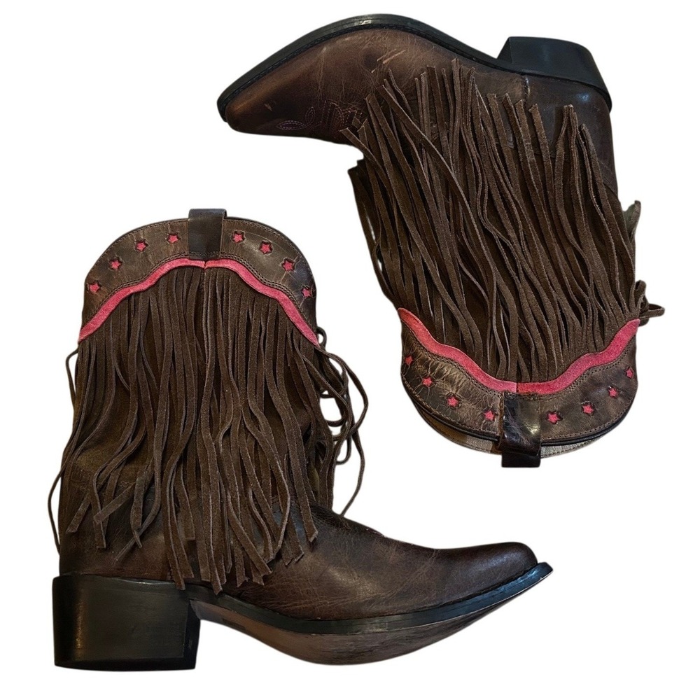 Smoky Mountain Brown Leather Pink Star Fringe Western Boots Women's 6.5